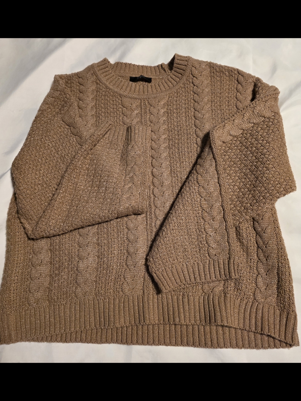 Tahari Tan Cable Knit Crewneck Sweater